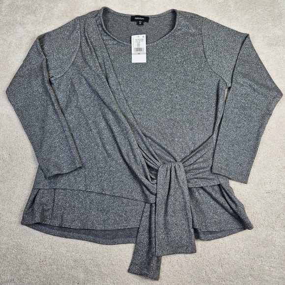 NWT's Karen Kane Women's Size 1X Drape Front Silver Metallic Long Sleeve Blouse - Picture 1 of 8